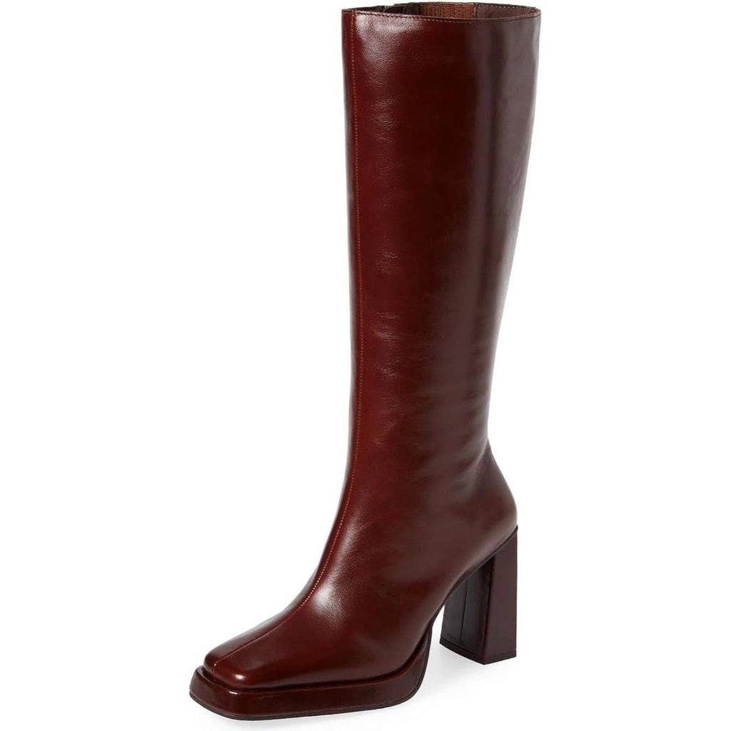 Women's Dark Red Leather Knee High Boots Side Zipper Platform Chunky Block